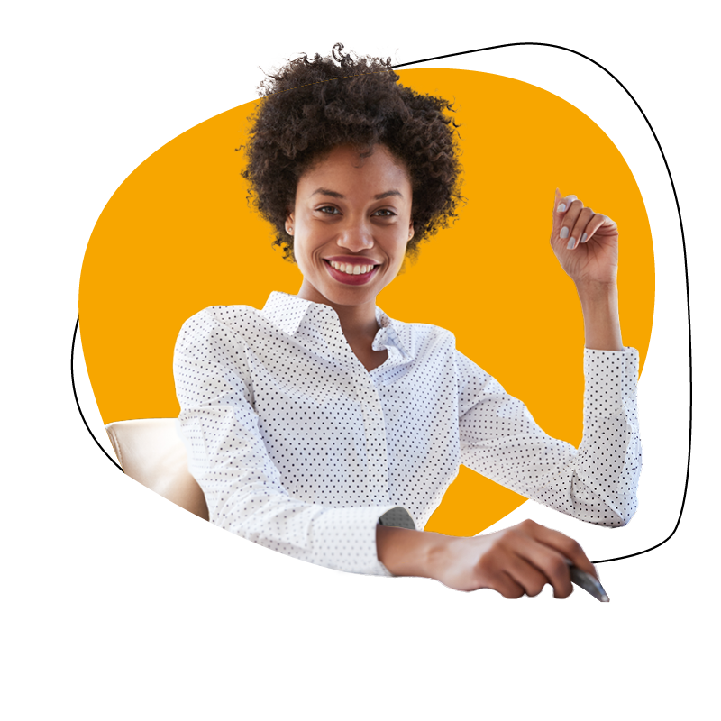 Smiling person in white shirt with dotted pattern against orange background.