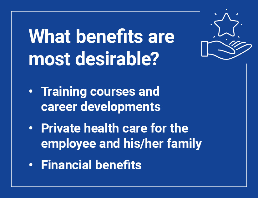 Blue background with text listing desirable employee benefits: training courses, private healthcare, and financial benefits. Star icon symbolizes excellence.
