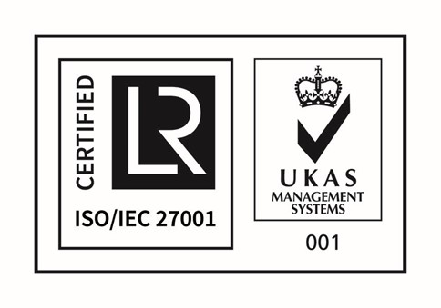 ISO/IEC 27001 and UKAS Management Systems certification logos.