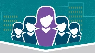 Illustration of five stylized women in front of a cityscape background.