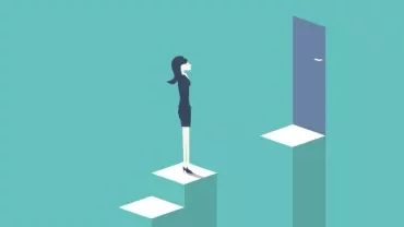 Illustration of a woman standing on a platform in front of a distant door.