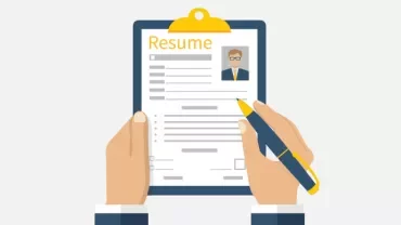 Illustration of hands holding a resume with a pen