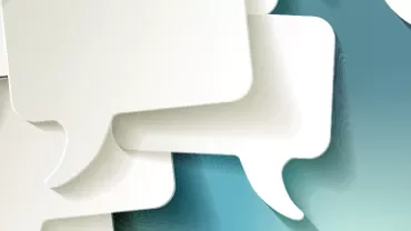 Illustration of overlapping speech bubbles on a blue-green background.