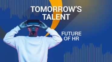 Person with VR headset, text: Tomorrow's Talent, Future of HR