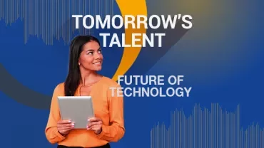 Woman holding tablet with 'Tomorrow's Talent, Future of Technology' text.