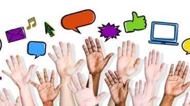 Diverse hands raised with social media icons above.