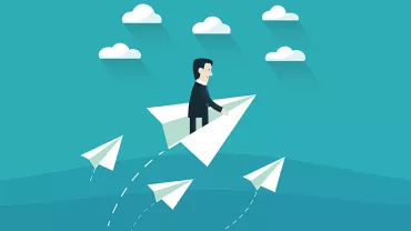 Cartoon man flying on a large paper airplane among clouds.