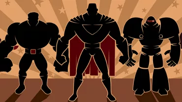 Silhouettes of five superheroes against a starry, burst background.