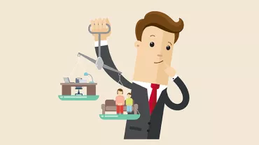 Illustration of a man balancing work and family on scales.