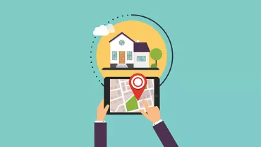 Illustration of a tablet showing a map with a house icon and location pin.