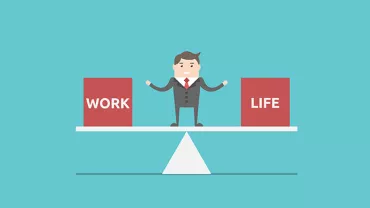 Cartoon man balancing work and life on a seesaw.