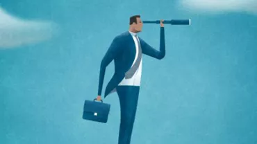 Illustration of a person in a suit with a briefcase, using a telescope against a blue sky.