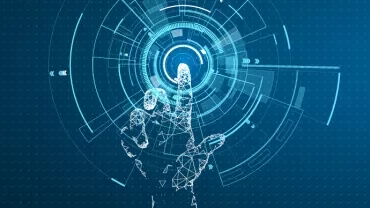 Digital hand reaching towards a circular futuristic interface.