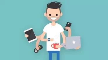 Ilustracja mężczyzny wykonującego wiele zadań naraz.
