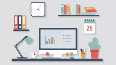 Illustration of a tidy desk with computer, books, and office supplies.