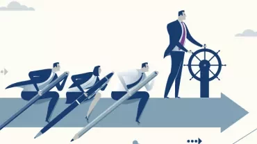 Business people racing with pens; leader steering ship.