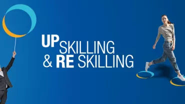 Mężczyzna w garniturze z balonem i kobieta idąca, napis 'Up Skilling & Re Skilling'.