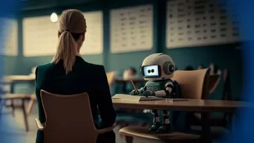 Mały robot i kobieta przy stole w sali lekcyjnej.
