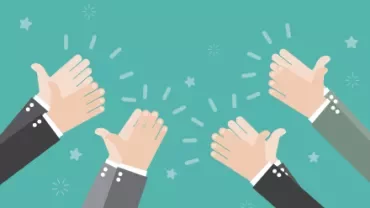 Illustration of hands clapping with stars and lines on a teal background.