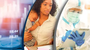 Graphs, woman holding child, person in protective suit writing notes.