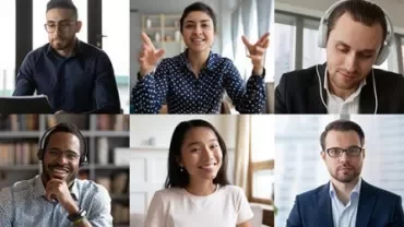 A collage of six people on a video call.