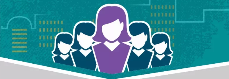 Illustration of five stylized women in front of a cityscape background.
