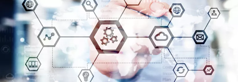 Hand interacting with digital network of hexagonal icons.