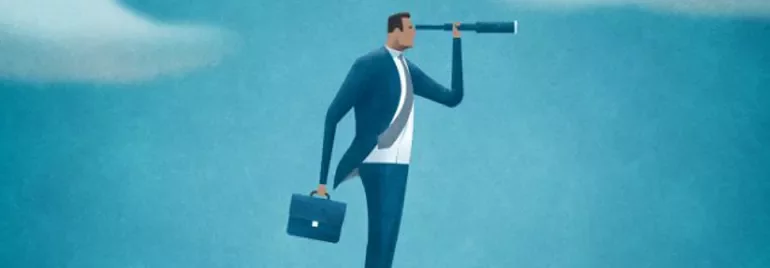 Ilustracja osoby w garniturze z teczką, używającej teleskopu na tle nieba.