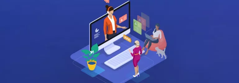 Ilustracja spotkania online z ludźmi wirtualnie współpracującymi.