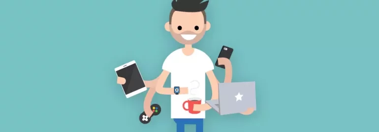 Ilustracja mężczyzny wykonującego wiele zadań naraz.