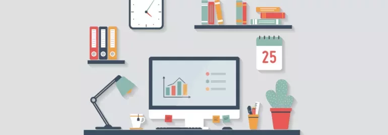 Illustration of a tidy desk with computer, books, and office supplies.