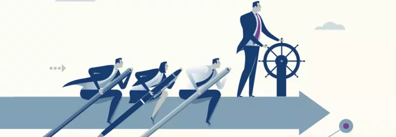 Business people racing with pens; leader steering ship.
