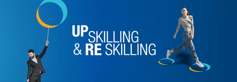 Mężczyzna w garniturze z balonem i kobieta idąca, napis 'Up Skilling & Re Skilling'.
