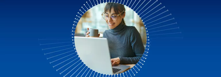 Woman with glasses using a laptop and holding a coffee cup, surrounded by a circular design on a blue background.