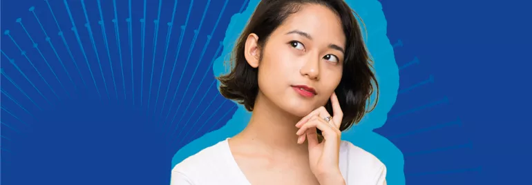 Woman thinking with a vibrant blue background.