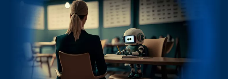 A small robot and a woman sitting at a table in a classroom setting.