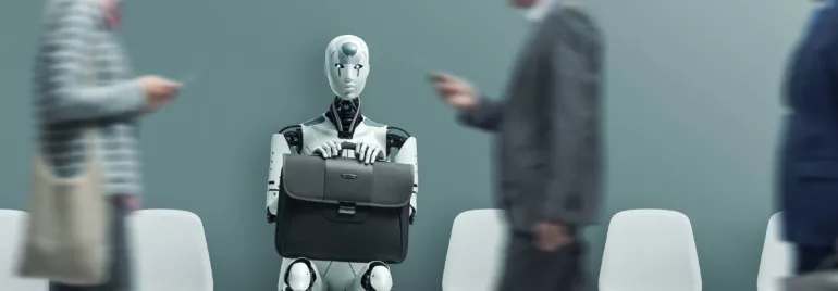 Robot z teczką, siedzący pomiędzy pracownikami