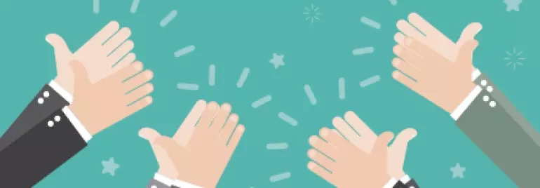 Illustration of hands clapping with stars and lines on a teal background.