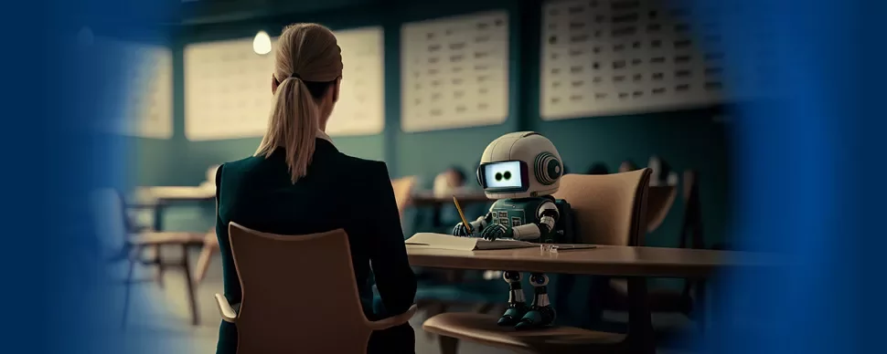 Mały robot i kobieta przy stole w sali lekcyjnej.