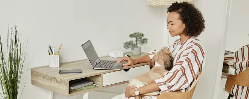 Kobieta pracuje na laptopie w domu z psem na kolanach.