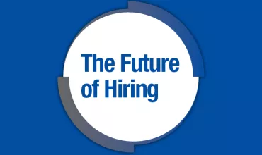 Okrągła grafika z napisem 'The Future of Hiring' na niebieskim tle.