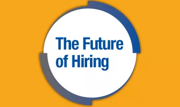 A graphic with 'The Future of Hiring' in blue on an orange background.