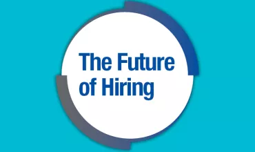 Text 'The Future of Hiring' in a circular design on a blue background.
