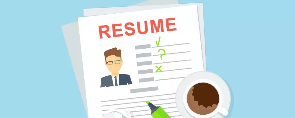 Illustration of a resume with a mug of coffee and highlighter.