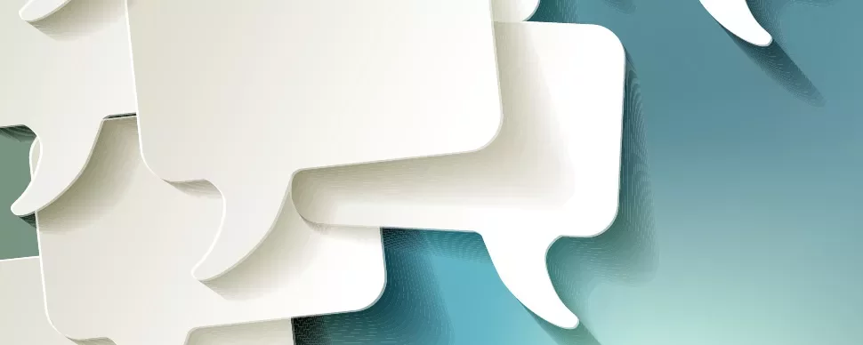 Illustration of overlapping speech bubbles on a blue-green background.