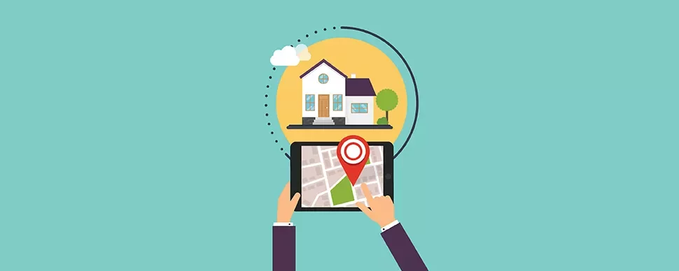 Illustration of a tablet showing a map with a house icon and location pin.