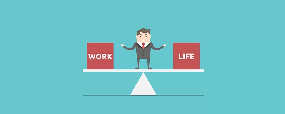 Cartoon man balancing work and life on a seesaw.