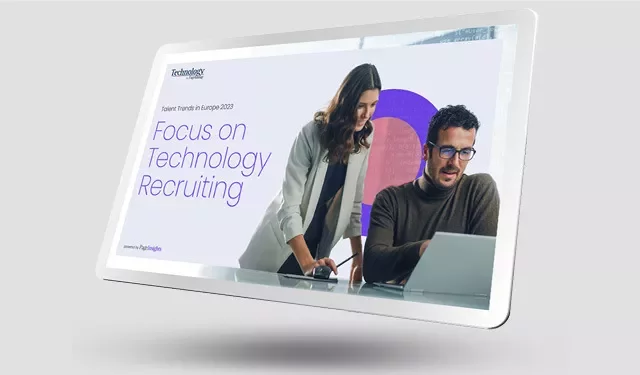 Tablet showing 'Focus on Technology Recruiting' presentation.