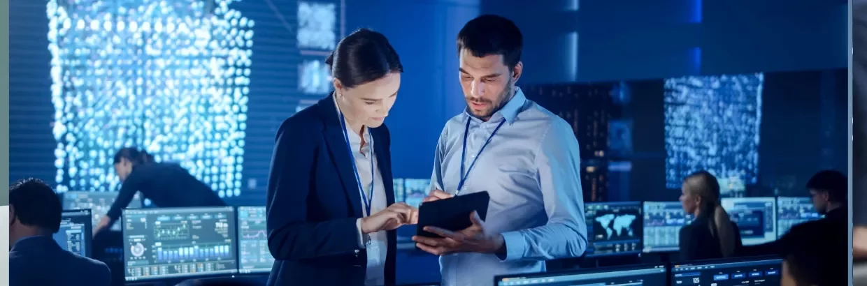 Kobieta z mężczyzną patrzą na tablet w biurze z komputerami