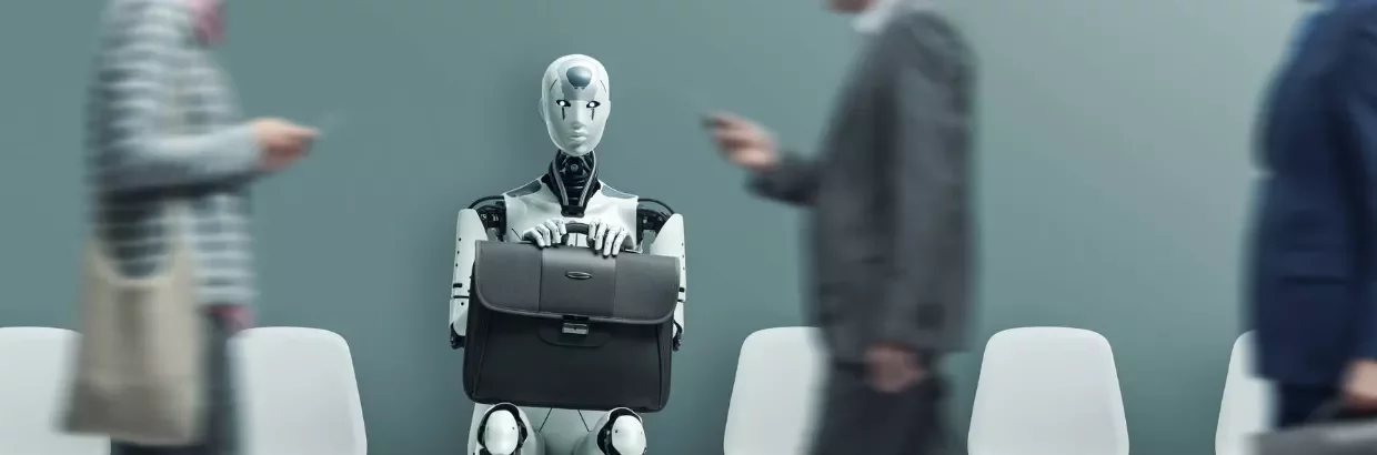 Robot z teczką, siedzący pomiędzy pracownikami